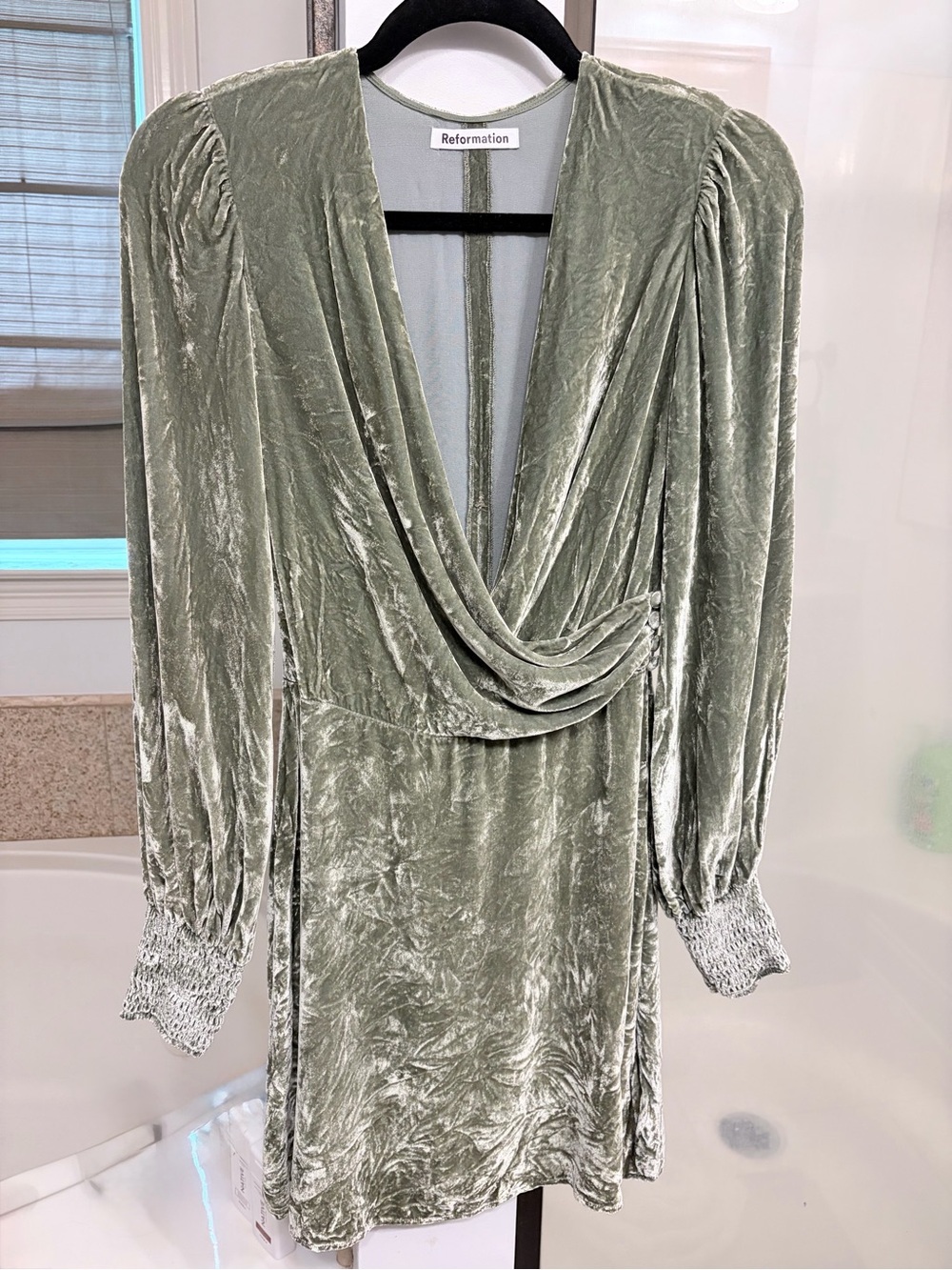 Reformation Sage Green Crushed Velvet Draped Mini Dress